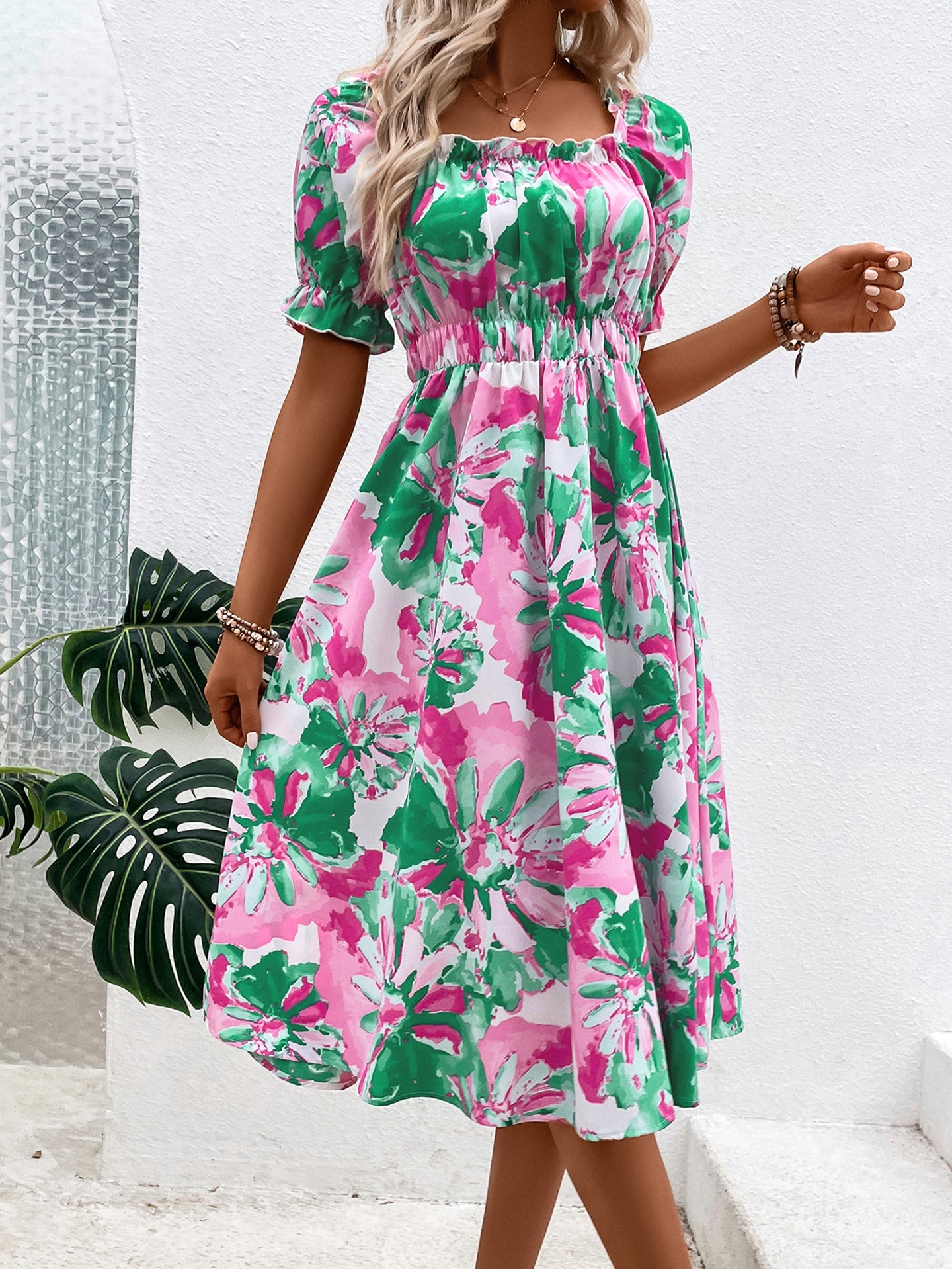 Women Floral Print Square Neck Fit and Flare Midi Dress