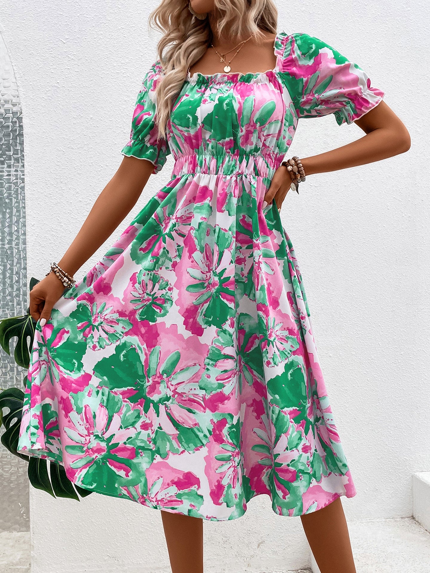 Women Floral Print Square Neck Fit and Flare Midi Dress