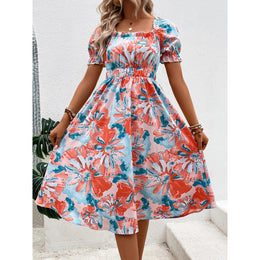 Women Abstract Print Square Neck A-Line Midi Dress