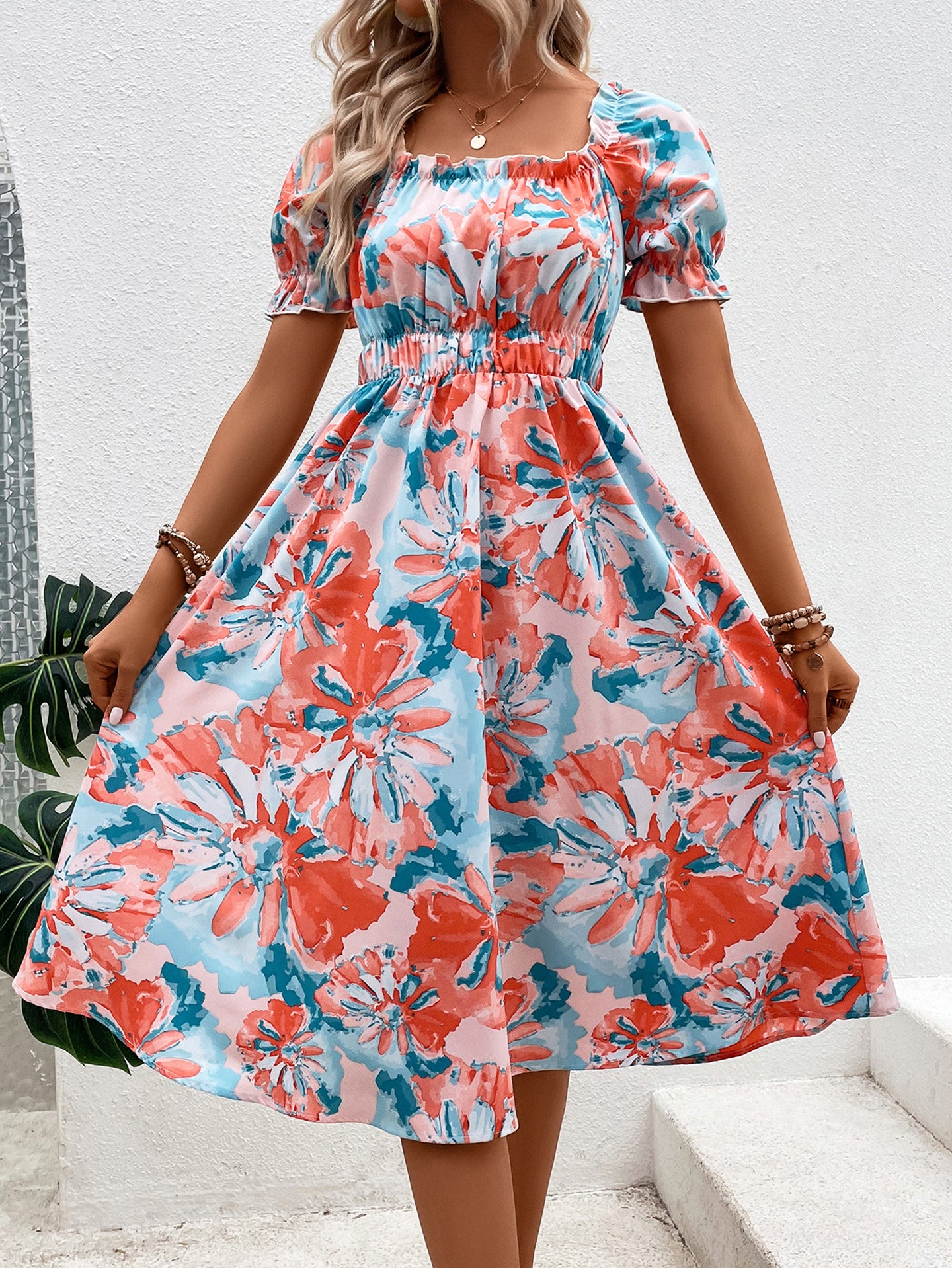Women Abstract Print Square Neck A-Line Midi Dress