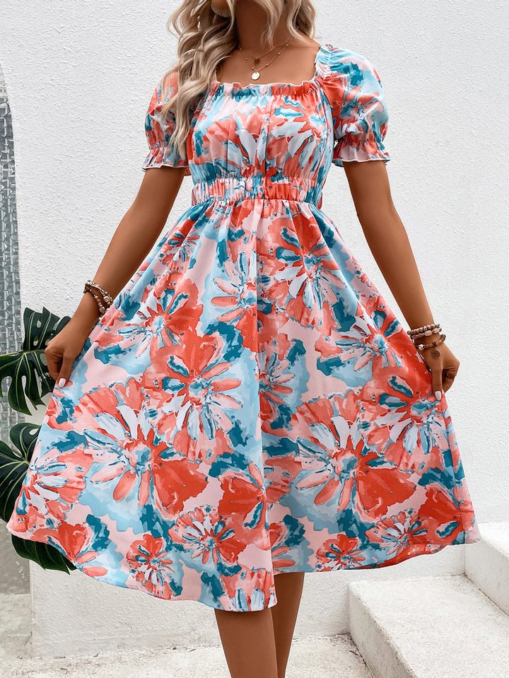 Women Abstract Print Square Neck A-Line Midi Dress