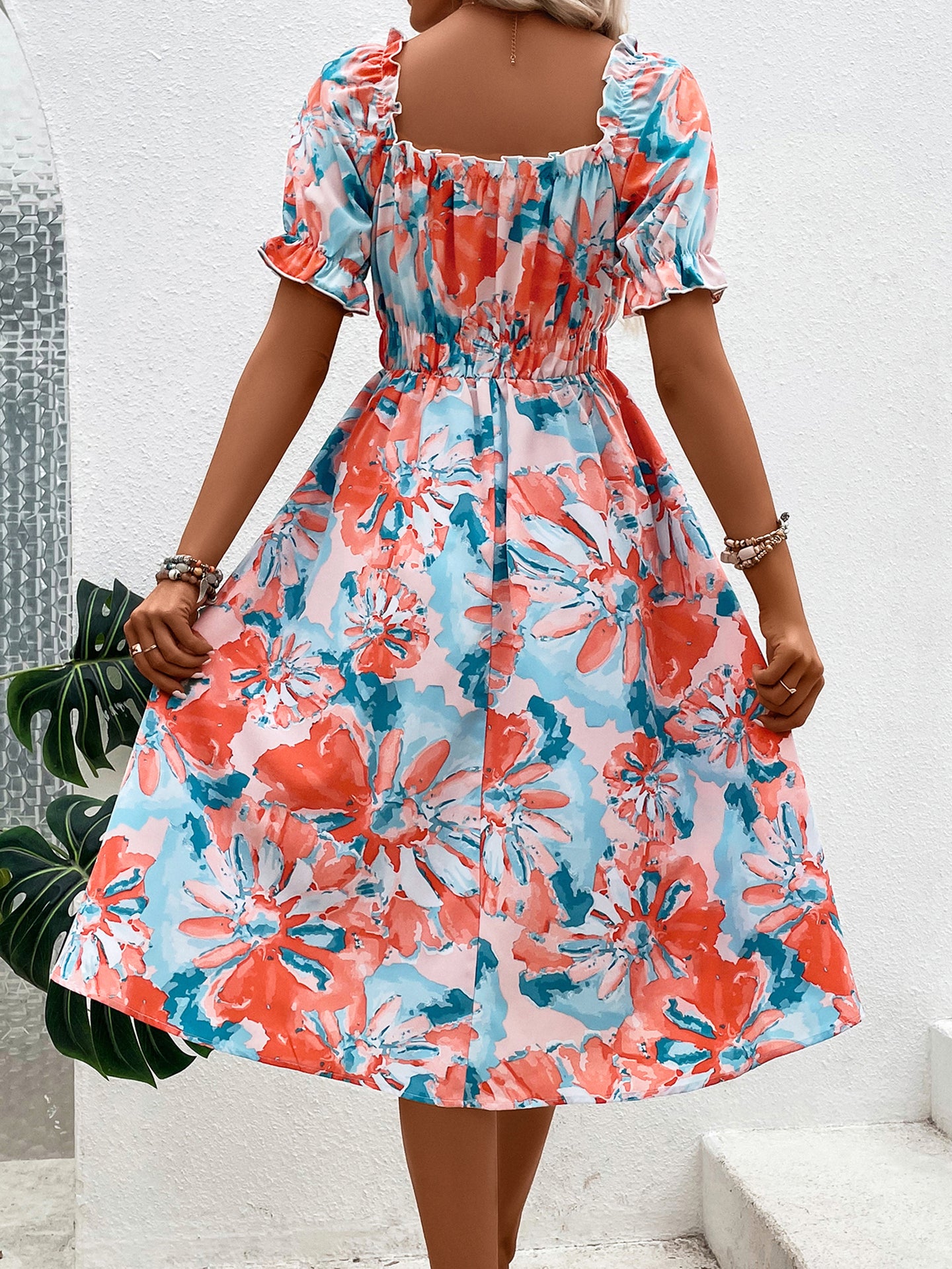Women Abstract Print Square Neck A-Line Midi Dress