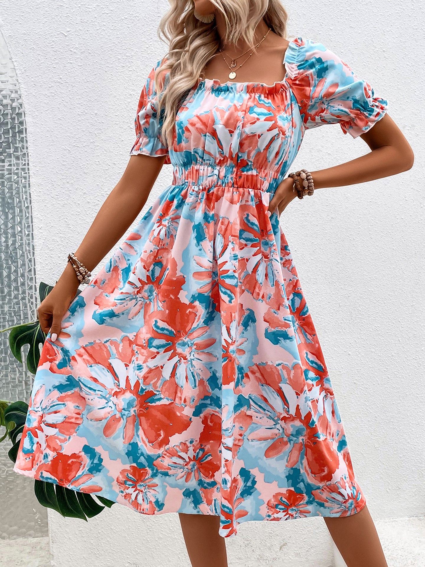 Women Abstract Print Square Neck A-Line Midi Dress