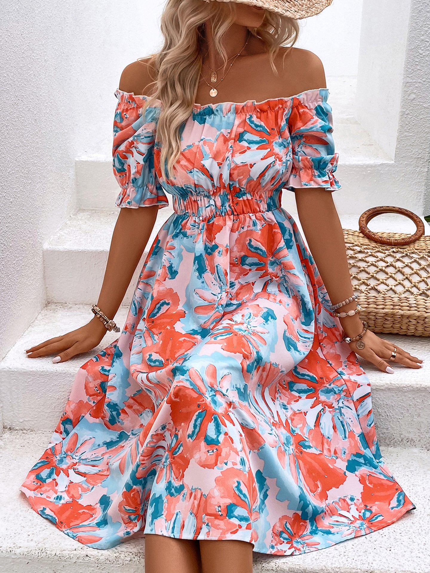 Women Abstract Print Square Neck A-Line Midi Dress