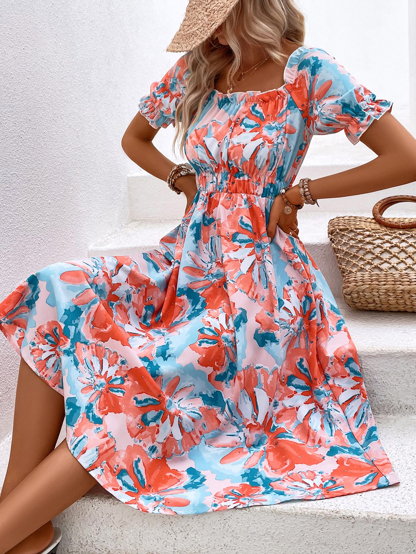 Women Abstract Print Square Neck A-Line Midi Dress