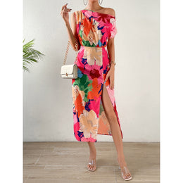 Floral Print Off-Shoulder Slits Fit & Flare Maxi Dress