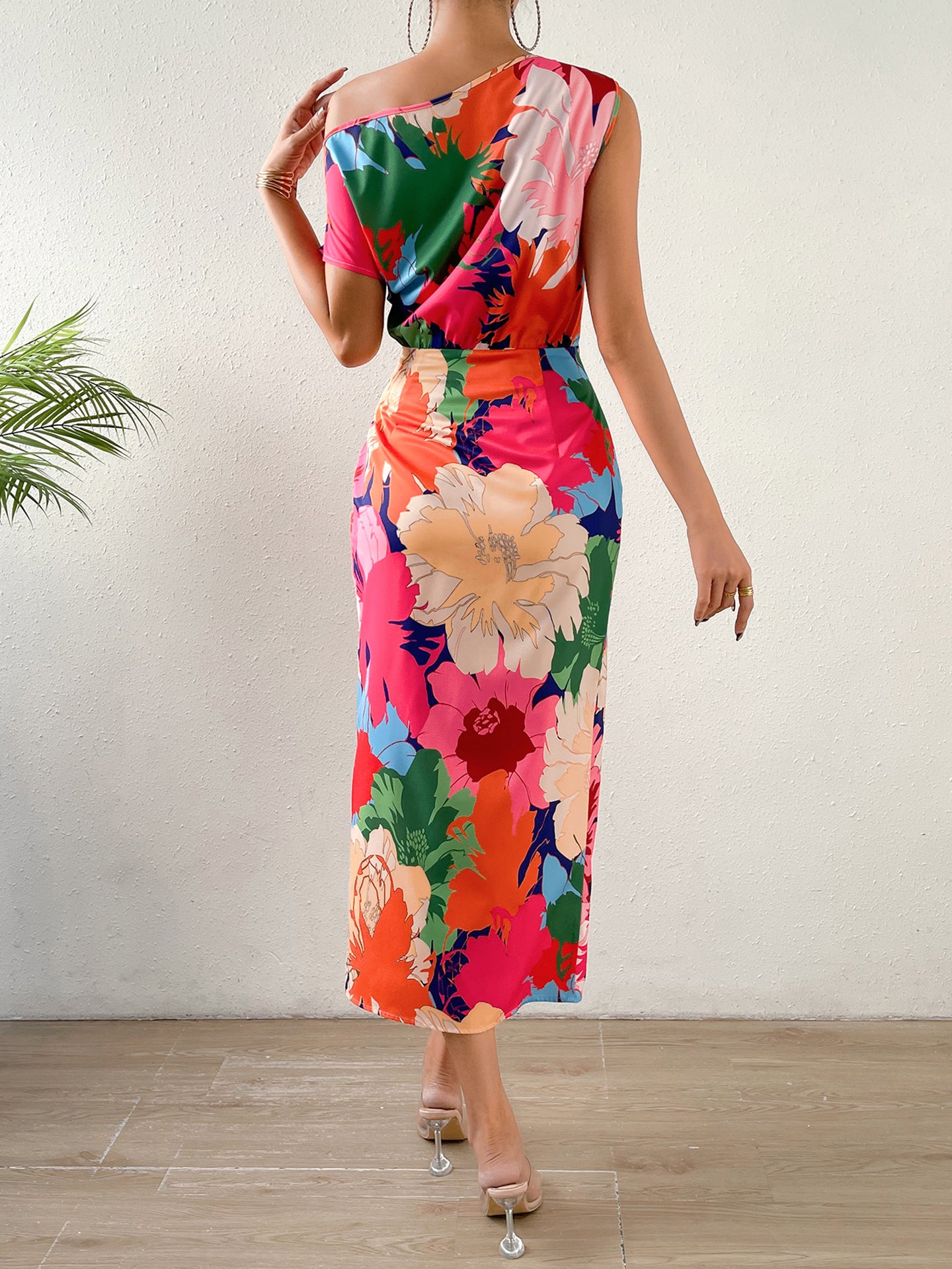 Floral Print Off-Shoulder Slits Fit & Flare Maxi Dress