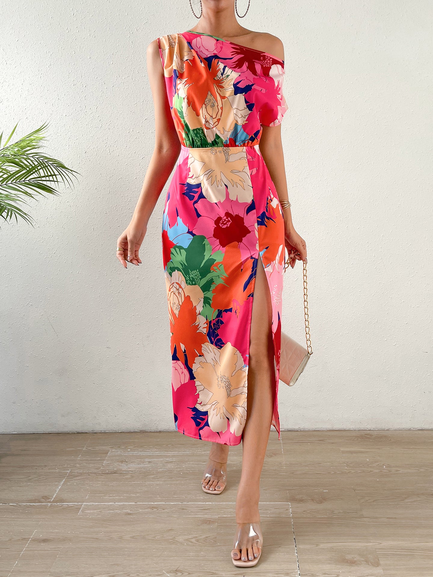 Floral Print Off-Shoulder Slits Fit & Flare Maxi Dress