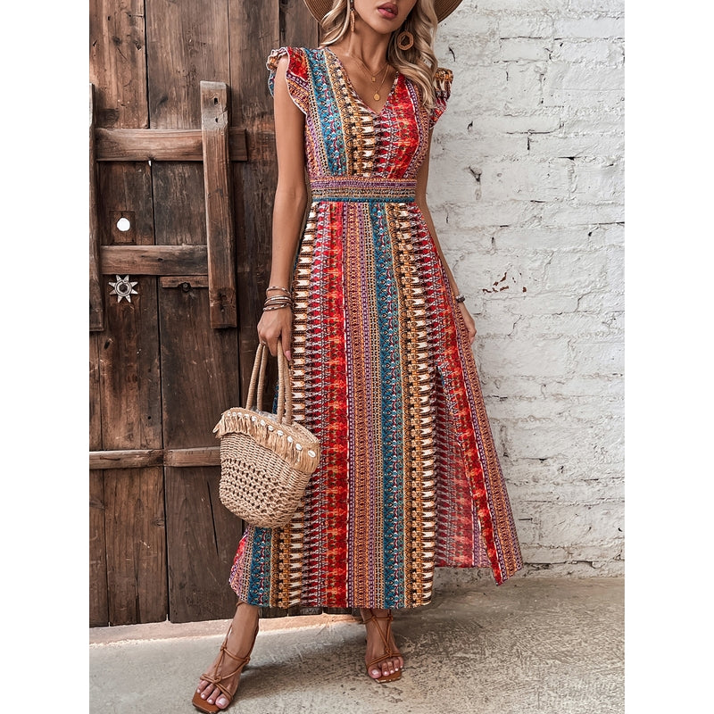 Women Bohemian Printed V-Neck Fit & Flare Maxi Dress