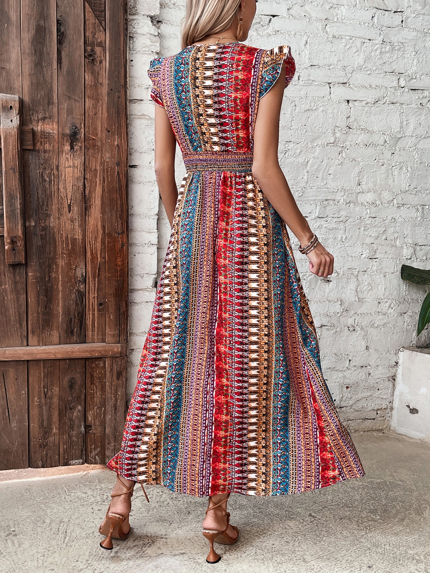Women Bohemian Printed V-Neck Fit & Flare Maxi Dress