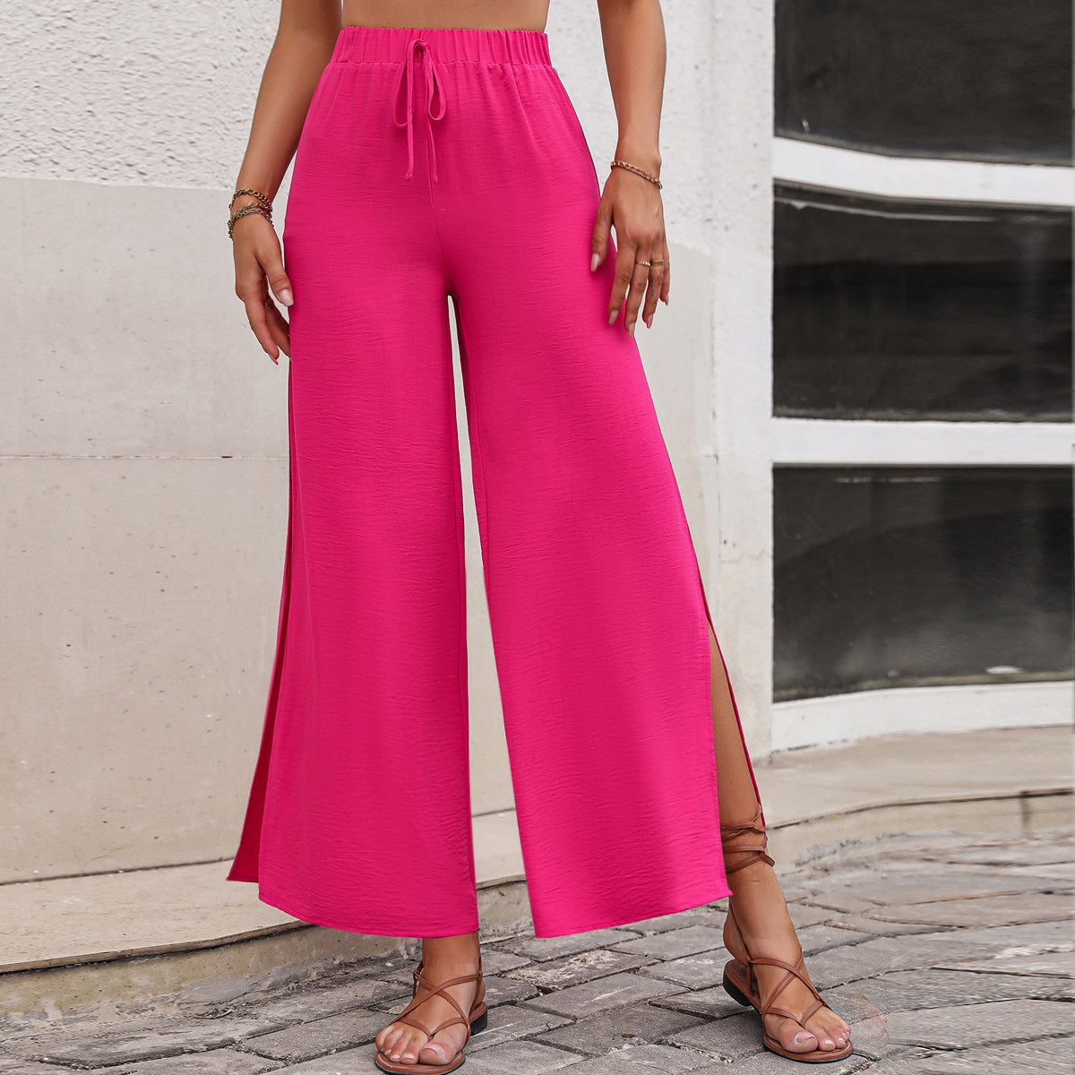 Women Loose Fit Easy Wash Slits Parallel Trousers