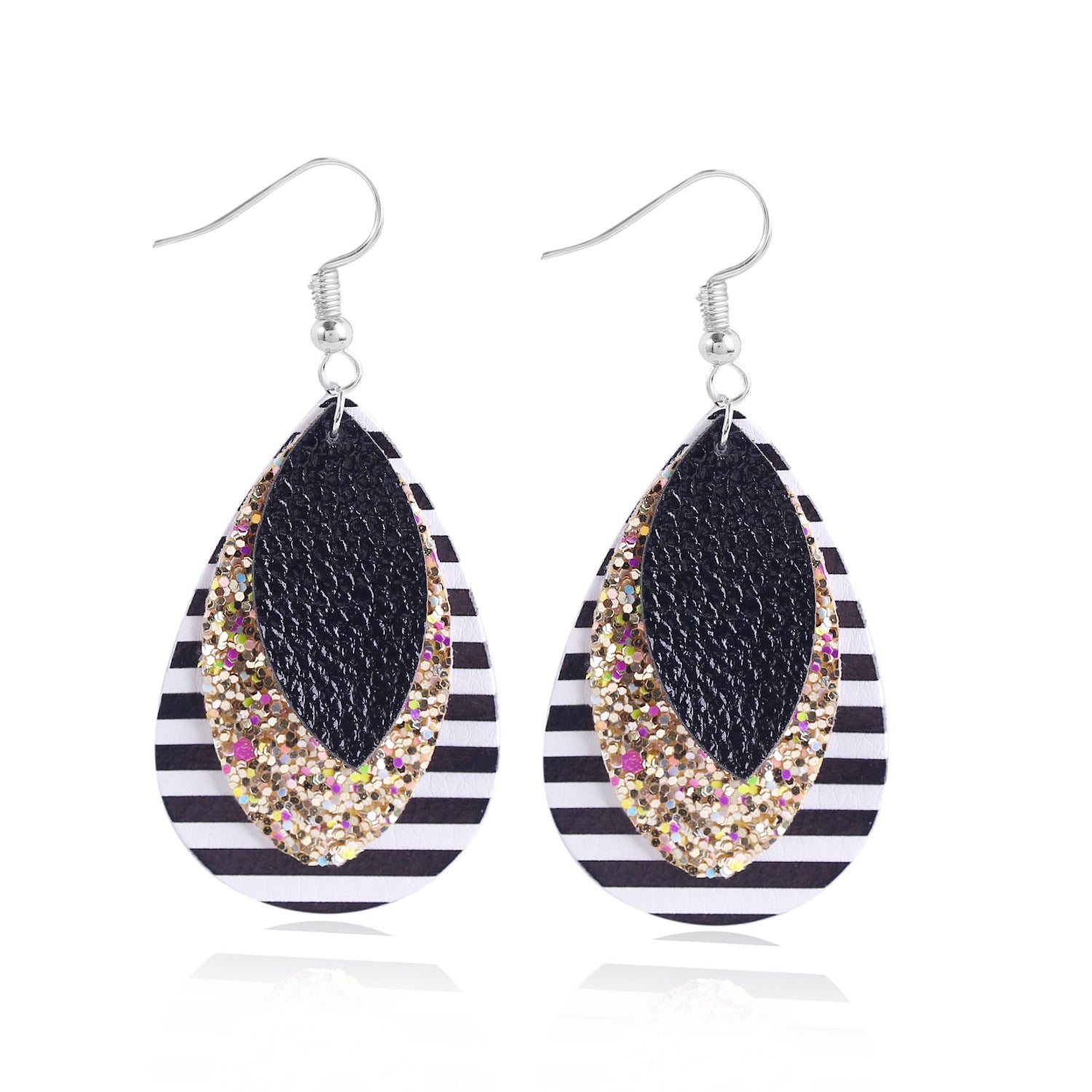 PU Silver Plated  Oval Shaped Drop Earrings