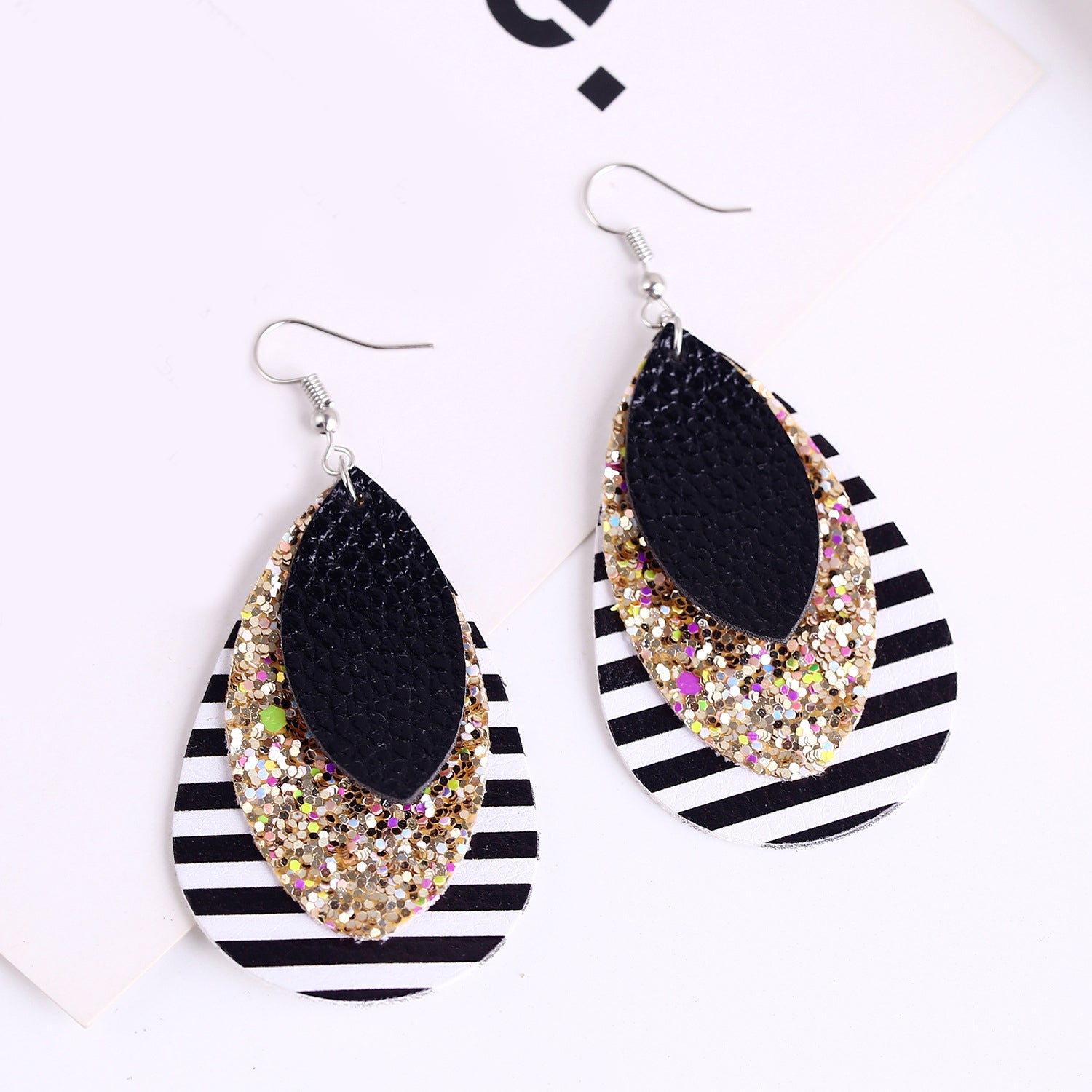 PU Silver Plated  Oval Shaped Drop Earrings