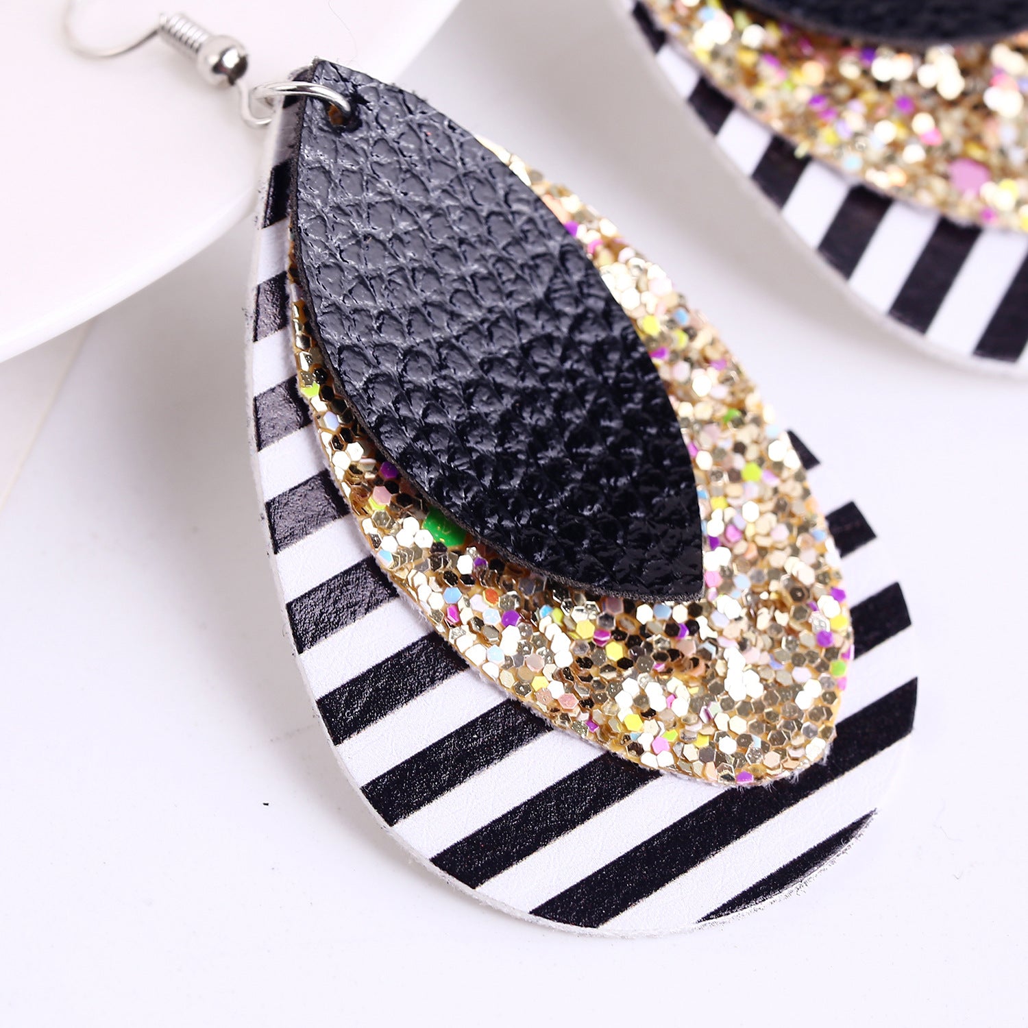 PU Silver Plated  Oval Shaped Drop Earrings