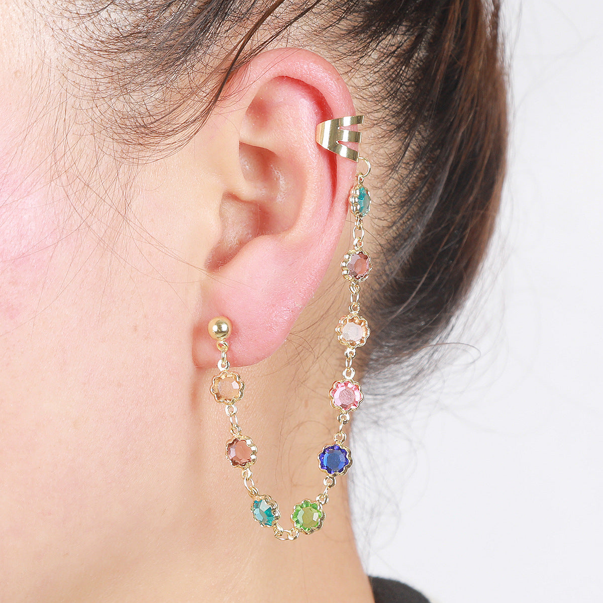 Gold-Plated Artificial Stones Studded Floral Shaped Ear Cuff
