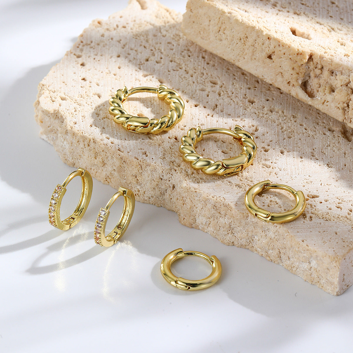 Set Of 3 Gold Plated  Artificial Studded Circular Shaped Hoop Earrings