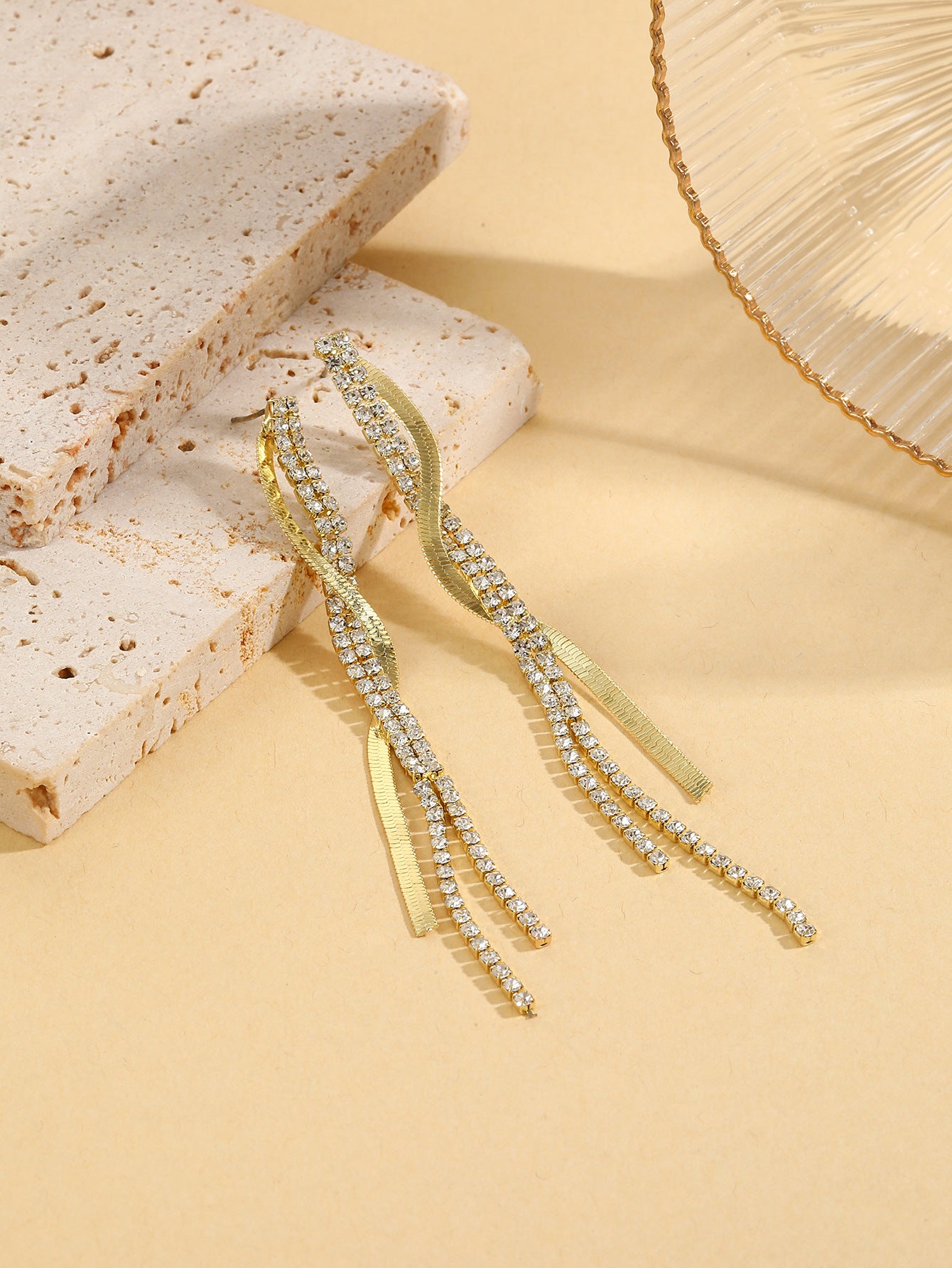 Gold-Plated Stones Studded Contemporary Tasselled Drop Earrings