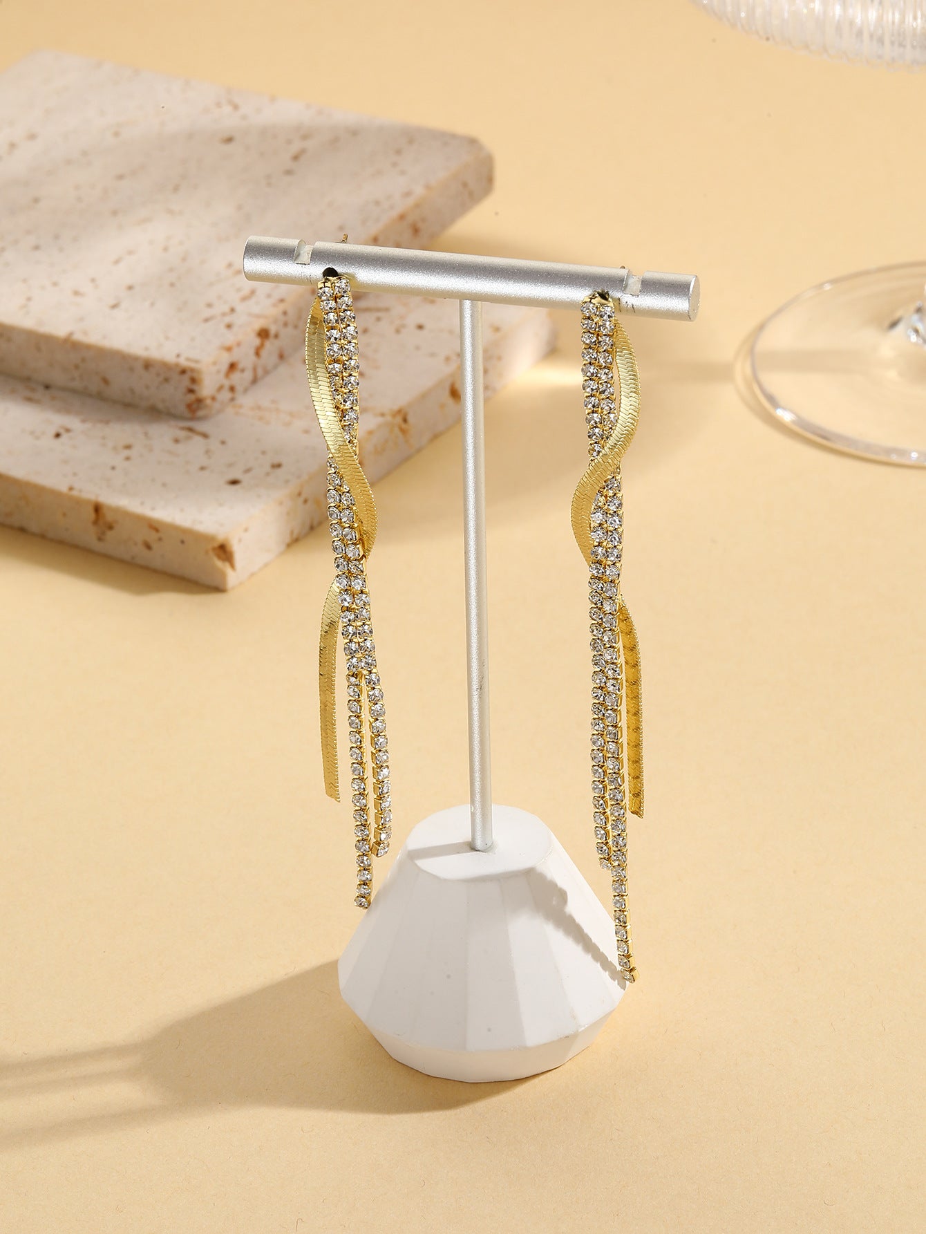 Gold-Plated Stones Studded Contemporary Tasselled Drop Earrings