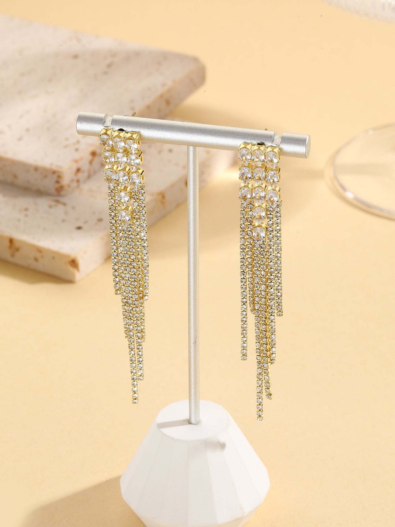 Gold-Plated Stones Studded Contemporary Tasselled Drop Earrings
