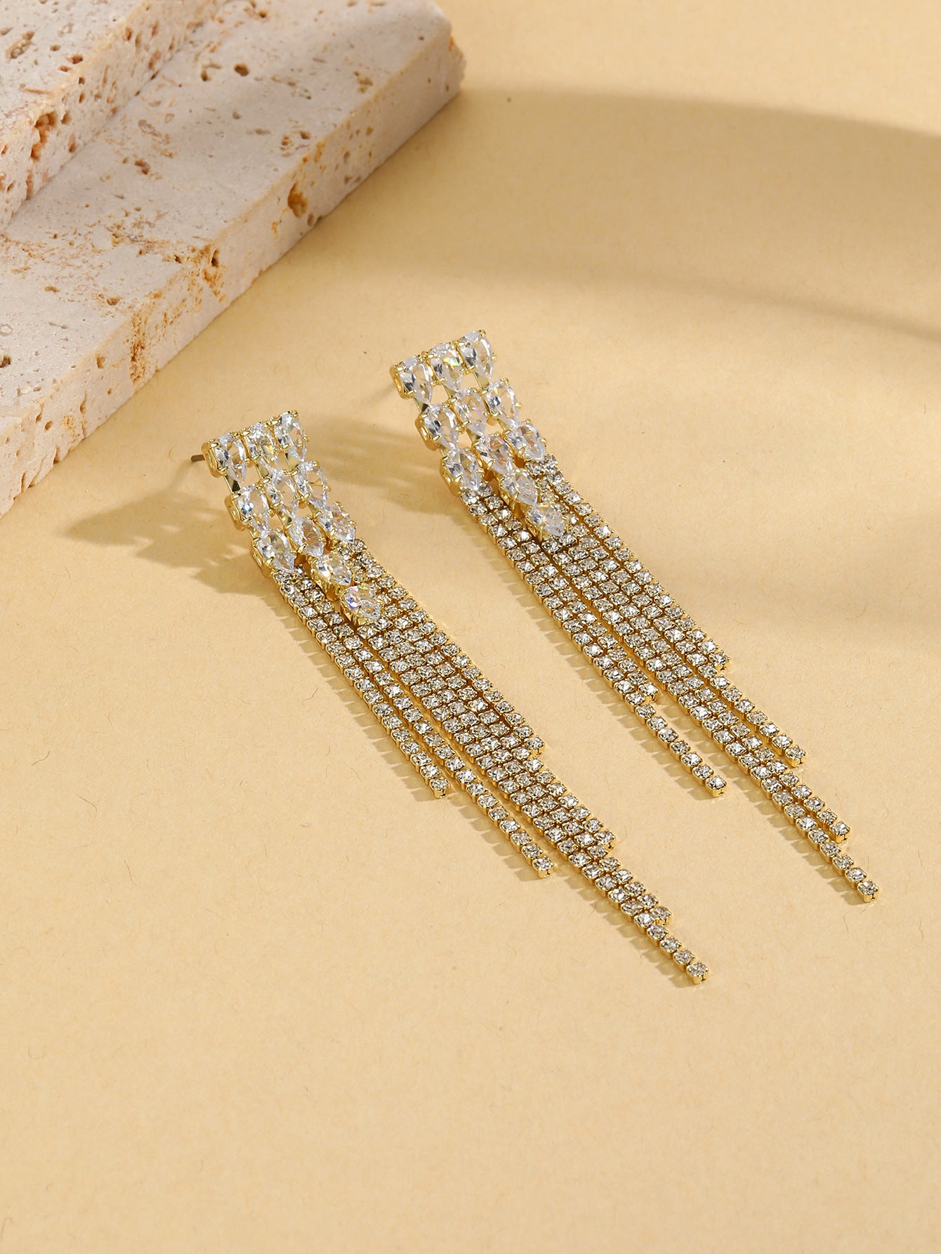 Gold-Plated Stones Studded Contemporary Tasselled Drop Earrings