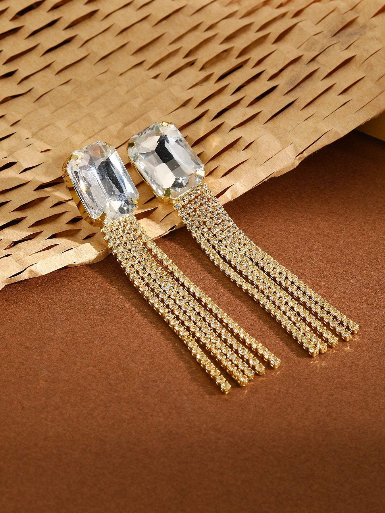 Gold Plated Artificial Studded Contemporary Tasselled Drop Earrings
