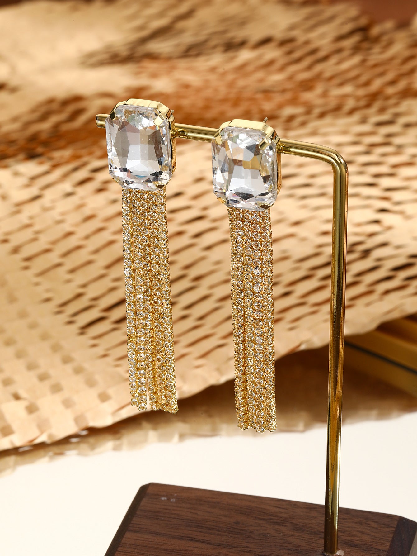 Gold Plated Artificial Studded Contemporary Tasselled Drop Earrings