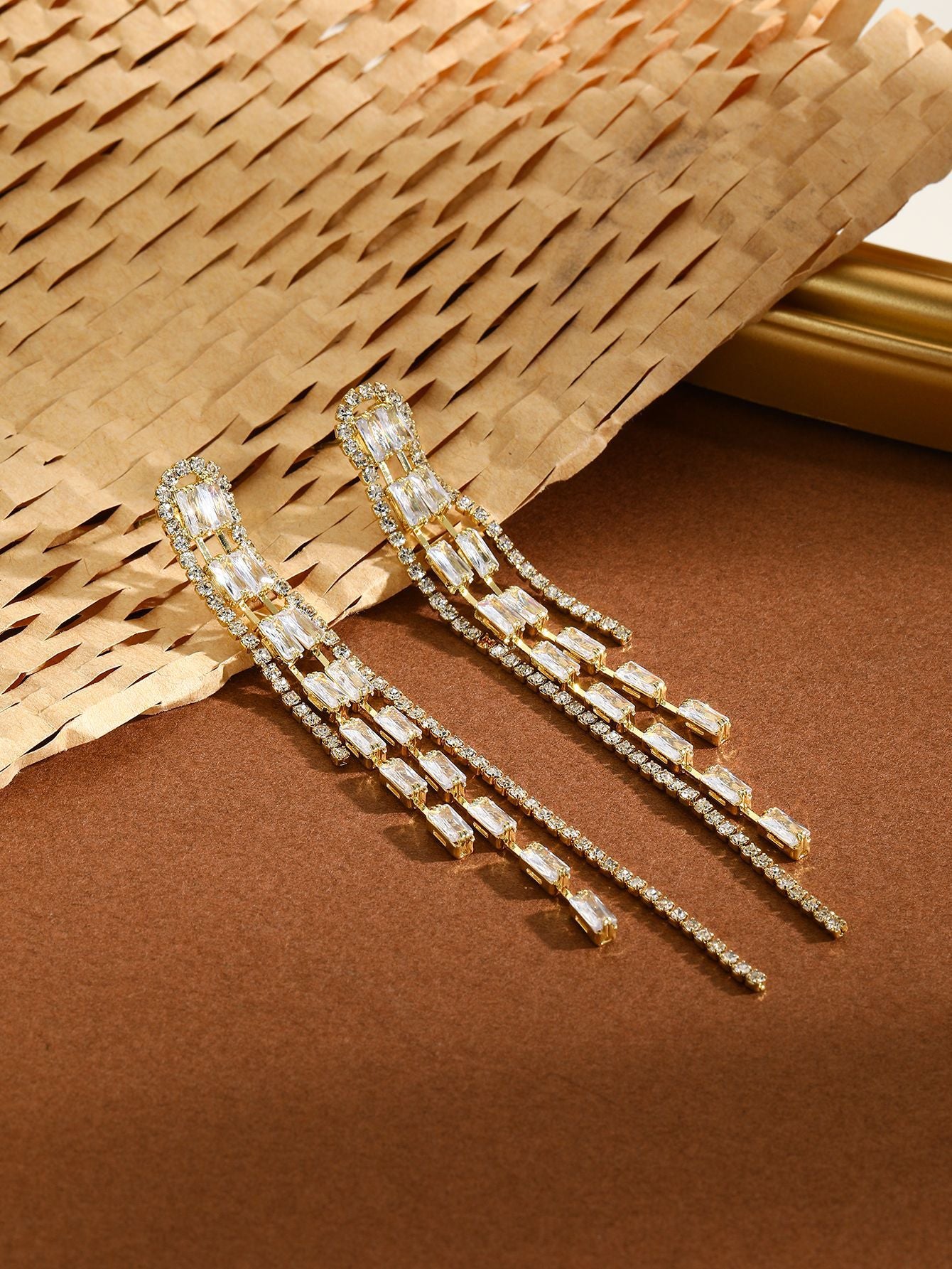 Gold Plated Artificial Stones Studded Contemporary Drop Earrings