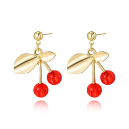 Gold-Plated Leaf Shaped Beads Beaded Cherry Red Drop Earrings
