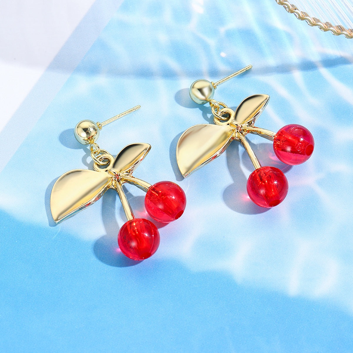 Gold-Plated Leaf Shaped Beads Beaded Cherry Red Drop Earrings