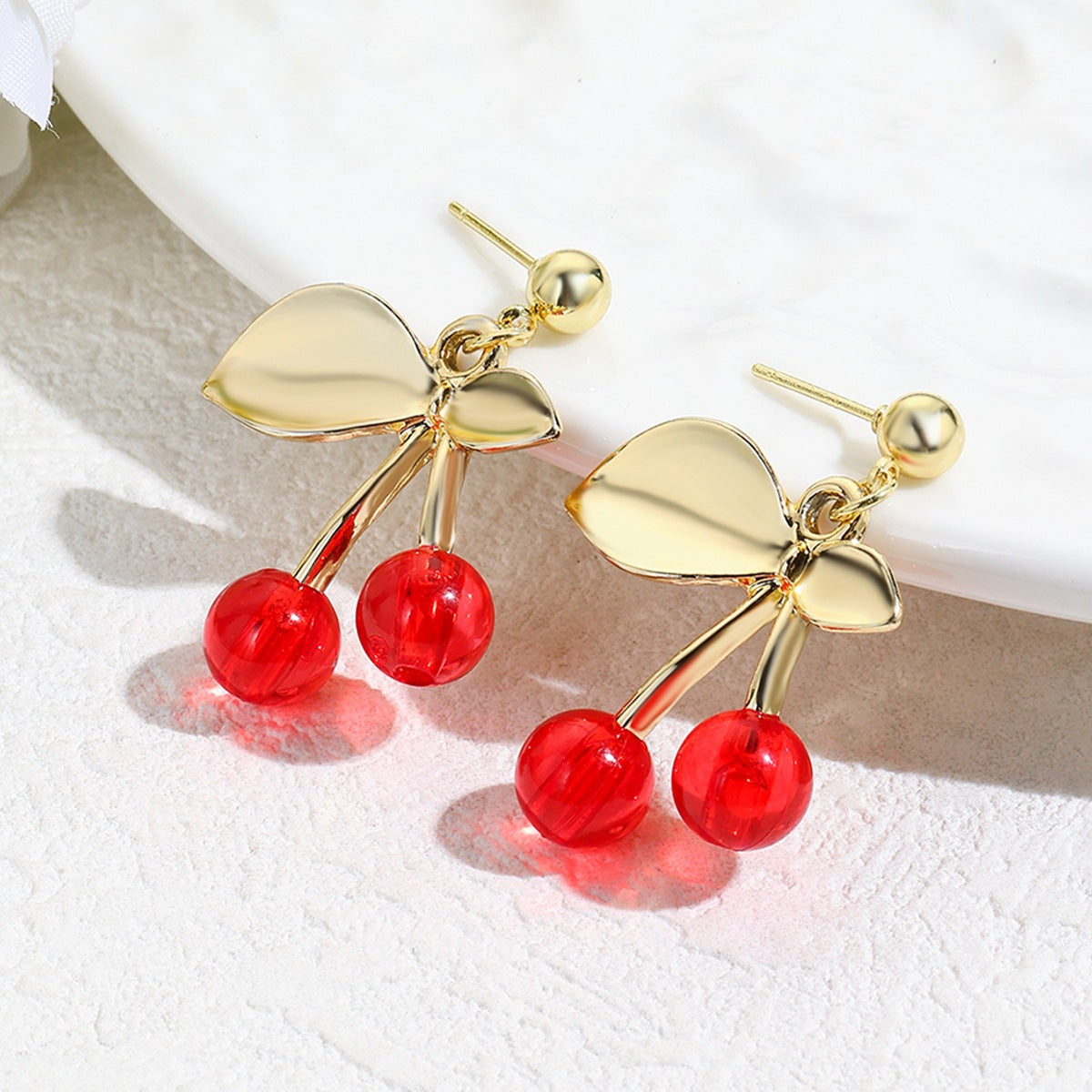 Gold-Plated Leaf Shaped Beads Beaded Cherry Red Drop Earrings