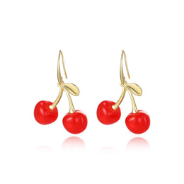 Plastic Gold-Plated Leaf Shaped Cherry Red Drop Earrings