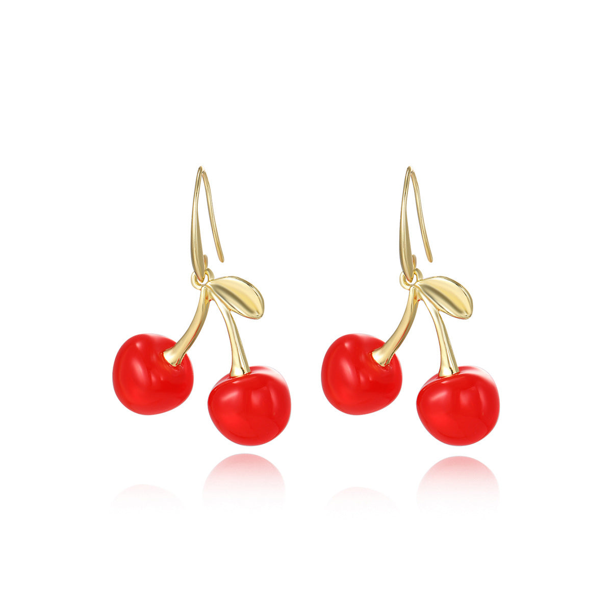 Plastic Gold-Plated Leaf Shaped Cherry Red Drop Earrings