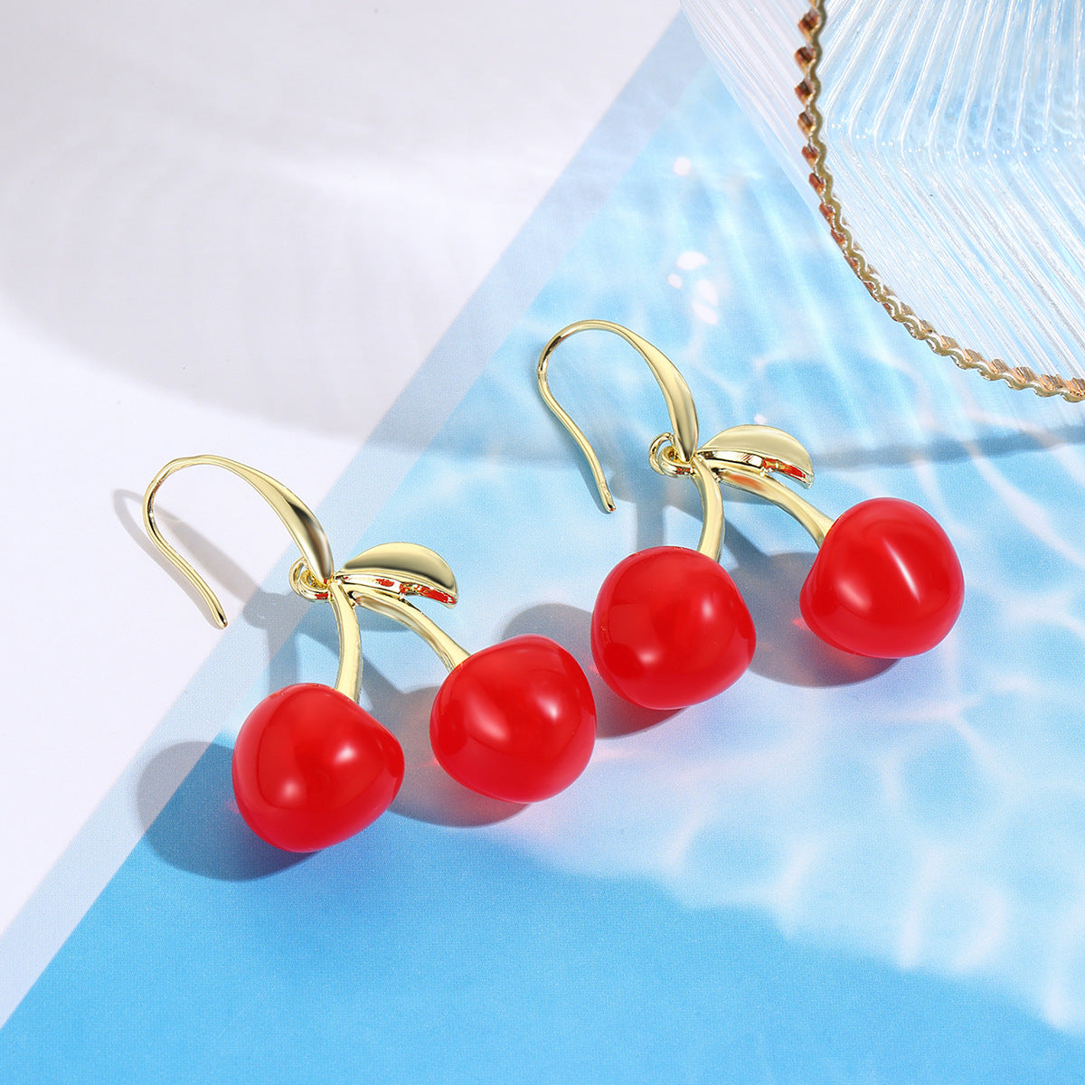 Plastic Gold-Plated Leaf Shaped Cherry Red Drop Earrings
