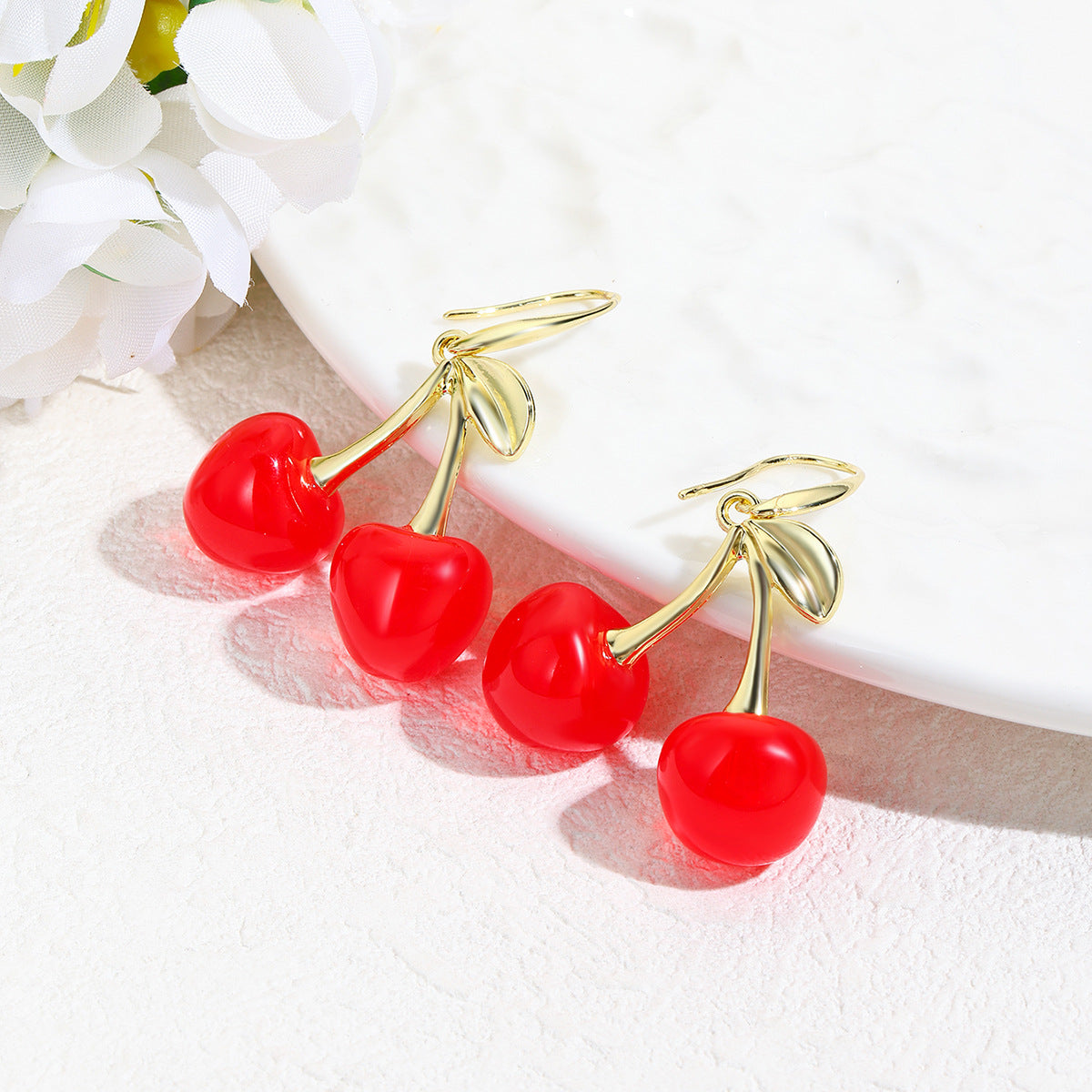 Plastic Gold-Plated Leaf Shaped Cherry Red Drop Earrings