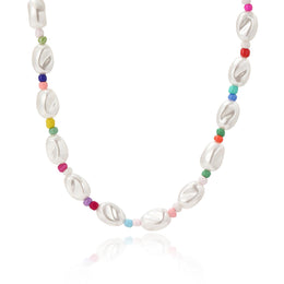 White & Pink Gold-Plated Artificial Beads Baaded Enamelled Necklace
