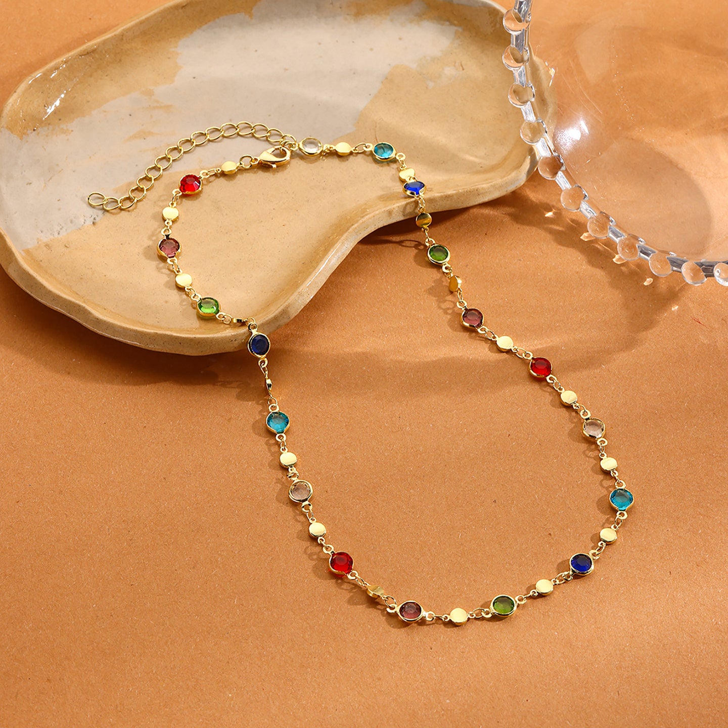 Blue & Red Gold-Plated Artificial Beads Beaded Enamelled Chain