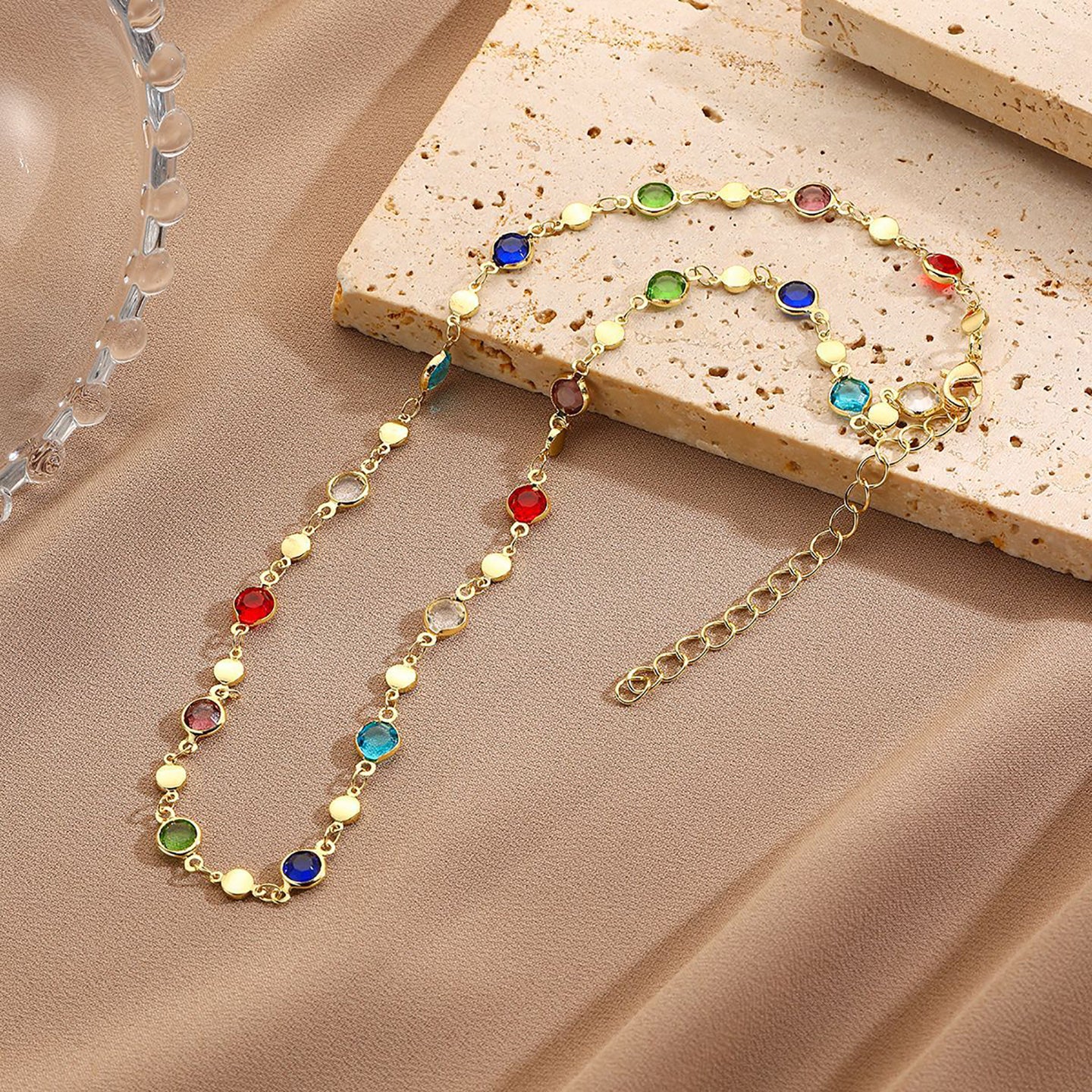 Blue & Red Gold-Plated Artificial Beads Beaded Enamelled Chain
