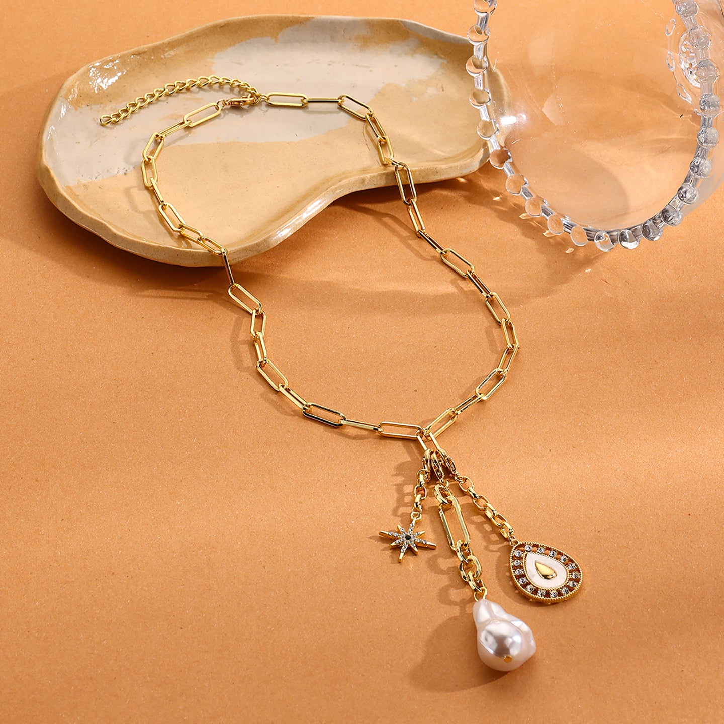 White Gold-Plated Artificial Beads Beaded Chain