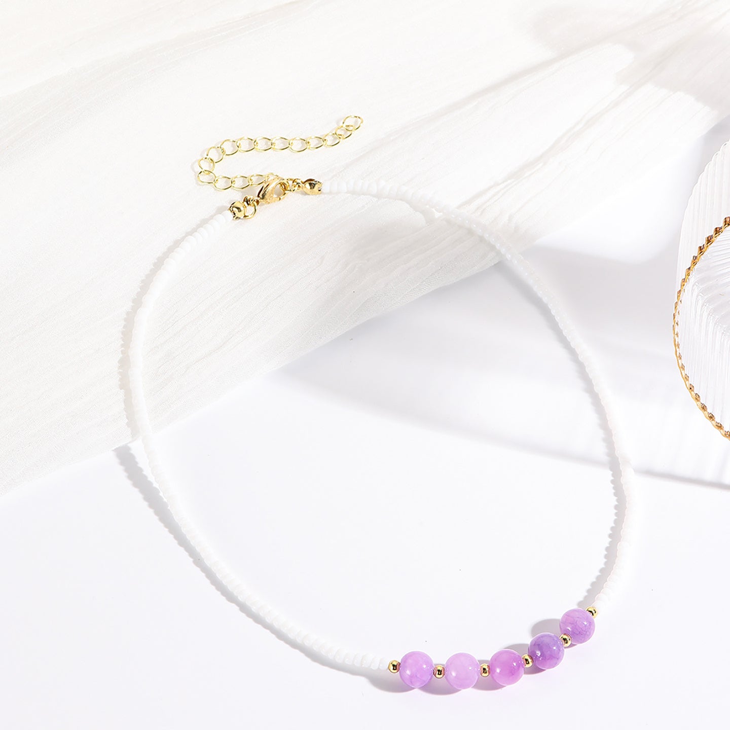 Purple Gold-Plated Artificial Beads Beaded Enamelled Chain