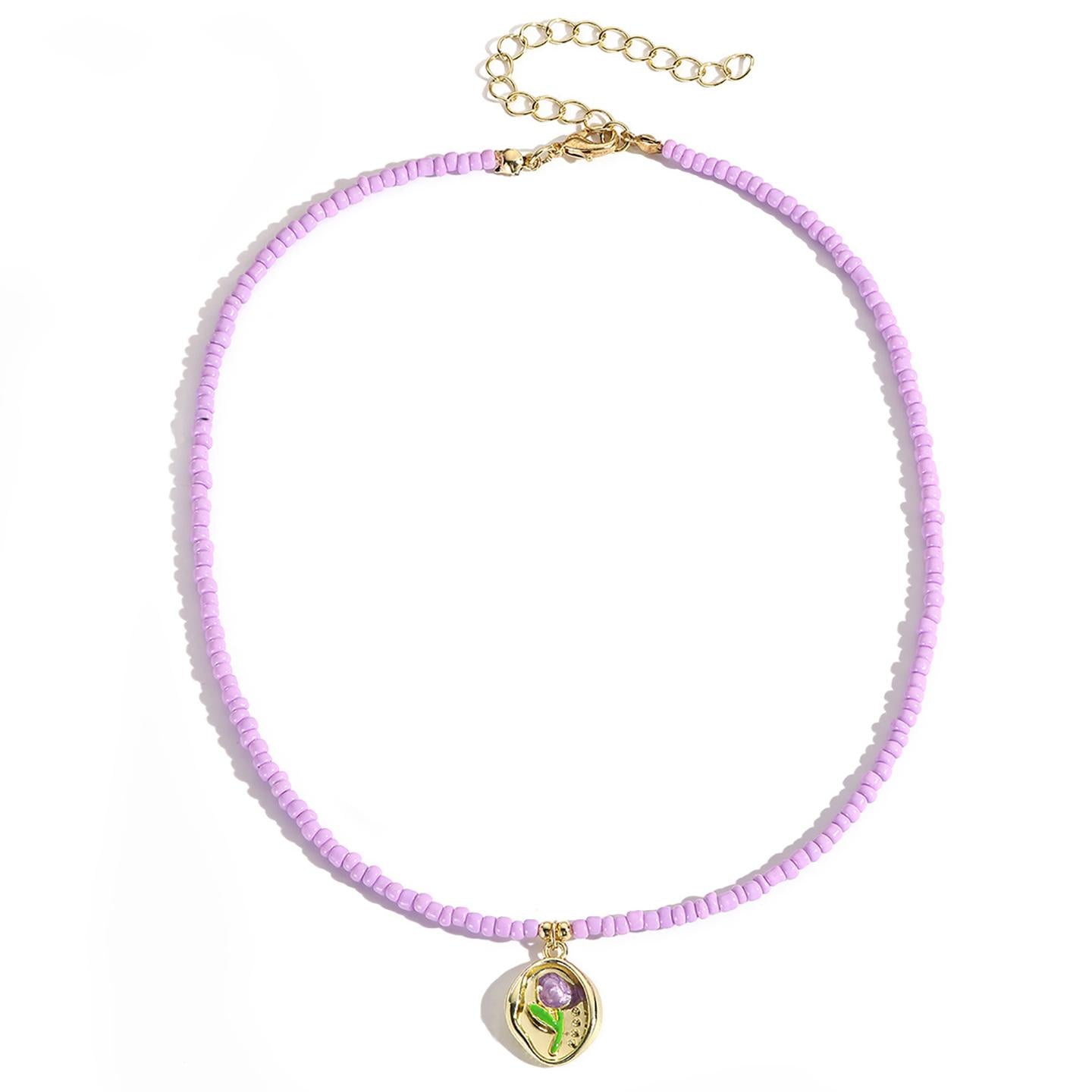 Purple & Green Artificial Beads Beaded Gold-Plated Chain