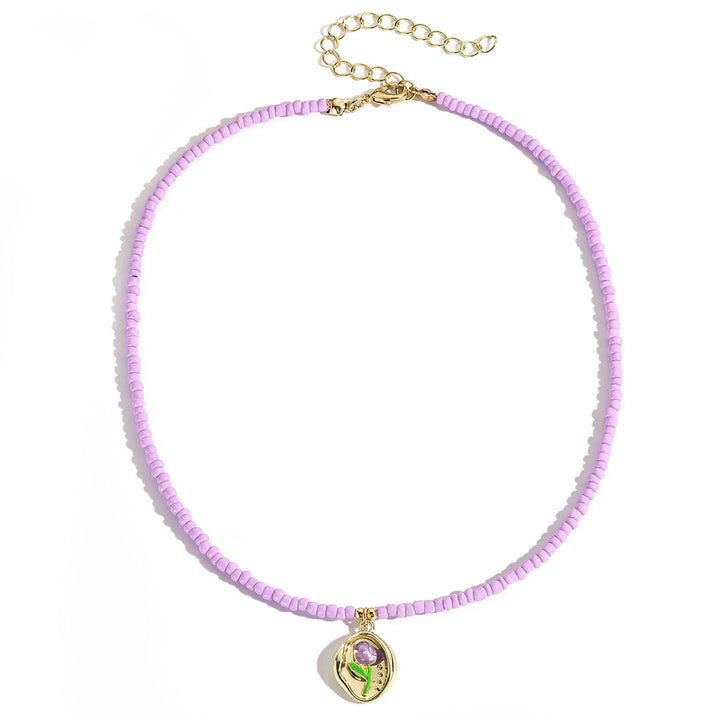 Purple & Green Artificial Beads Beaded Gold-Plated Chain