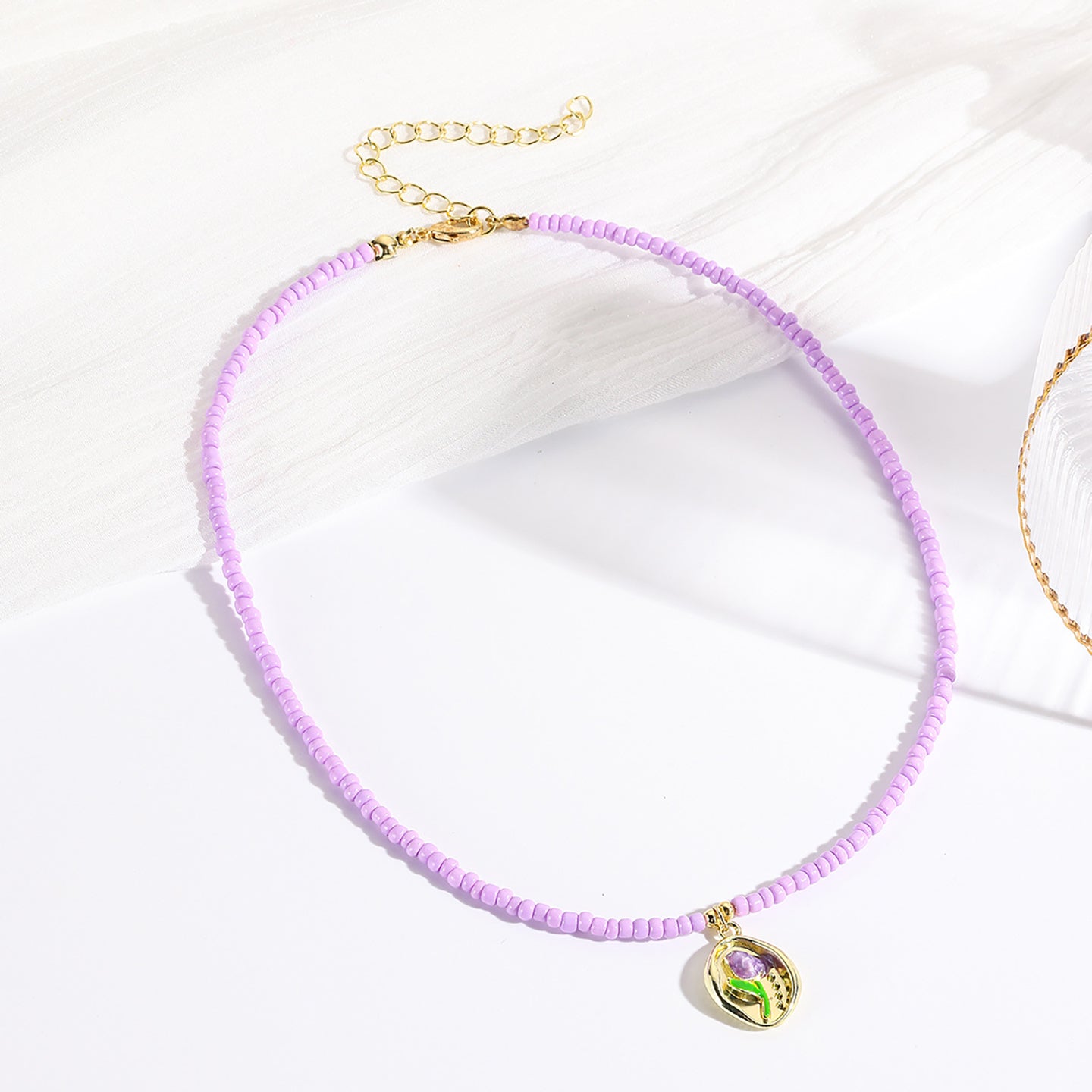 Purple & Green Artificial Beads Beaded Gold-Plated Chain