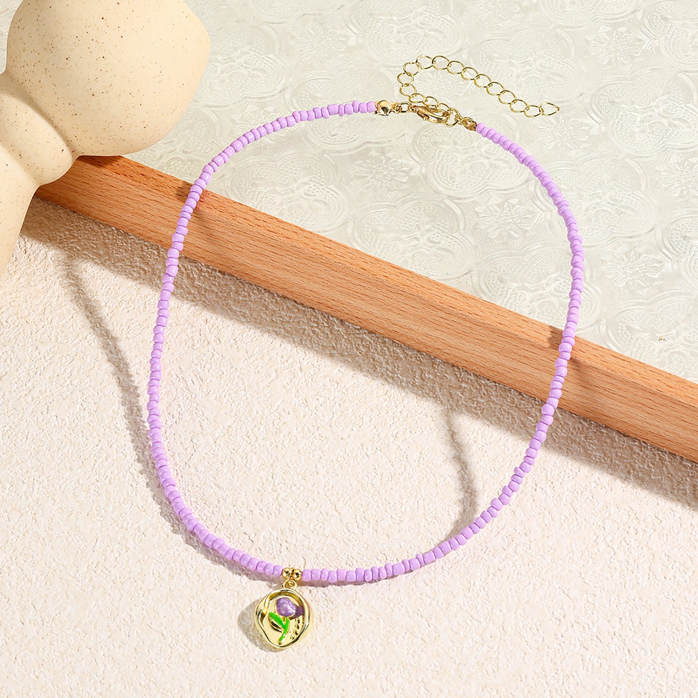 Purple & Green Artificial Beads Beaded Gold-Plated Chain