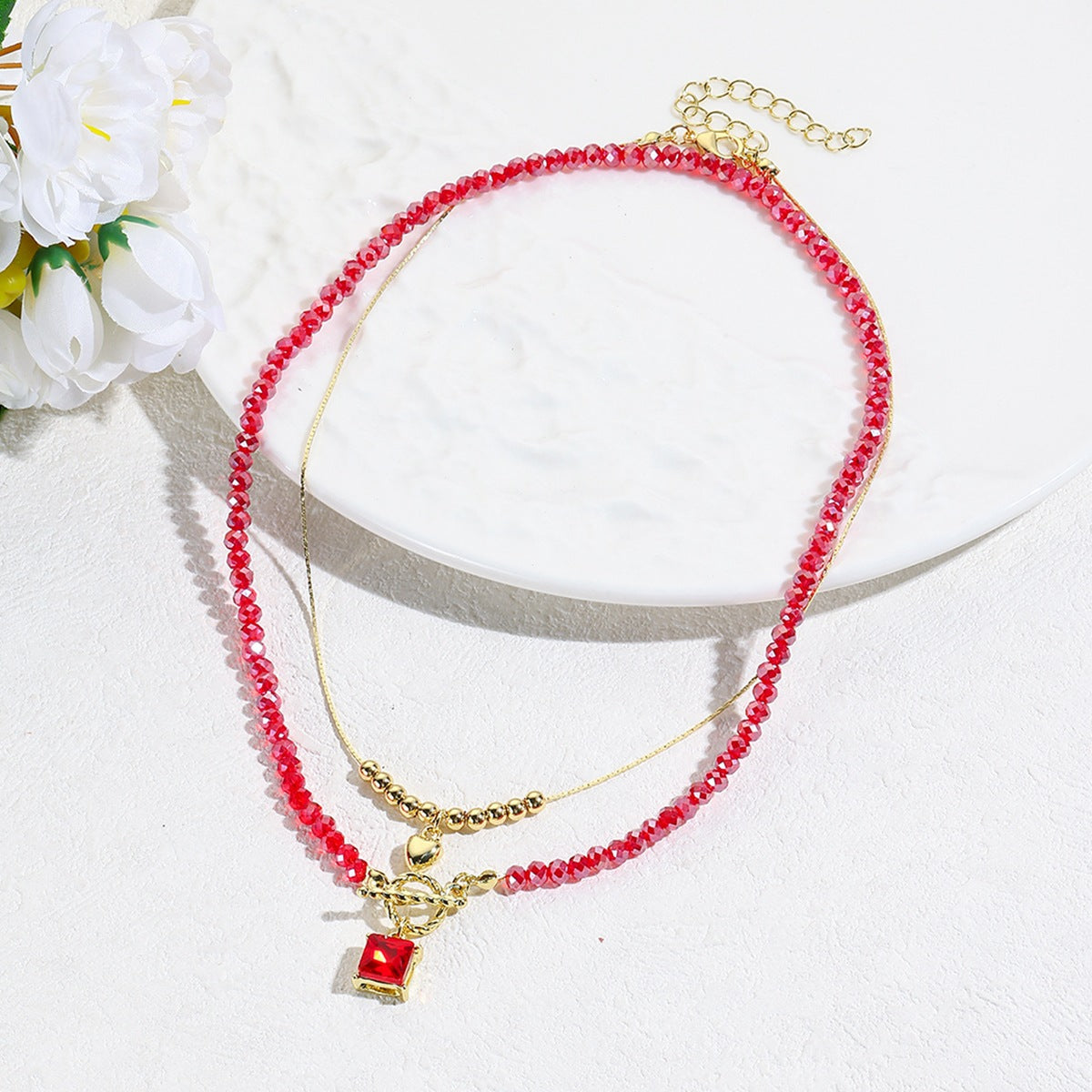 Gold-Plated Artificial Stone Studded & Baeded MInimal Necklace