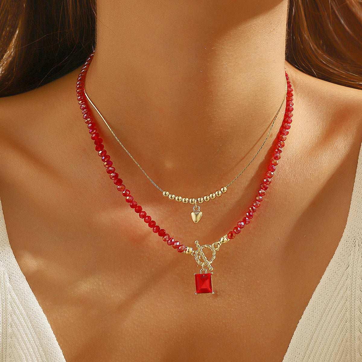 Gold-Plated Artificial Stone Studded & Baeded MInimal Necklace