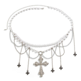 Silver-Plated Stones Studded & Pearls Beaded Layered Body Chain