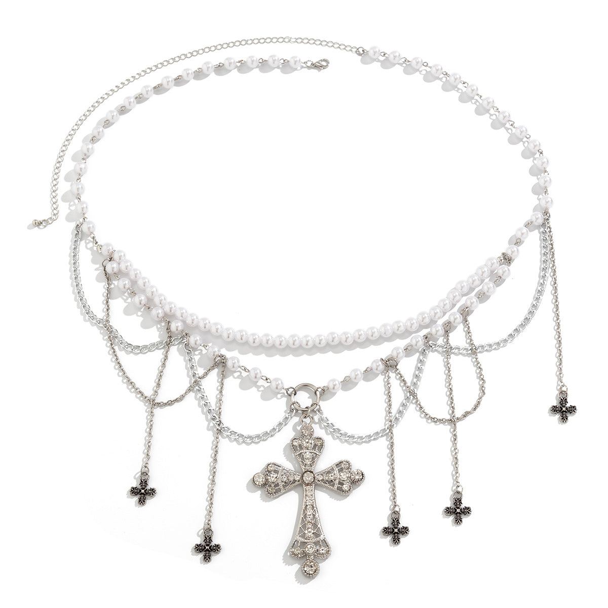 Silver-Plated Stones Studded & Pearls Beaded Layered Body Chain