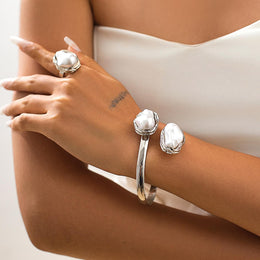 Women Pearls Handcrafted Silver-Plated Armlet Bracelet