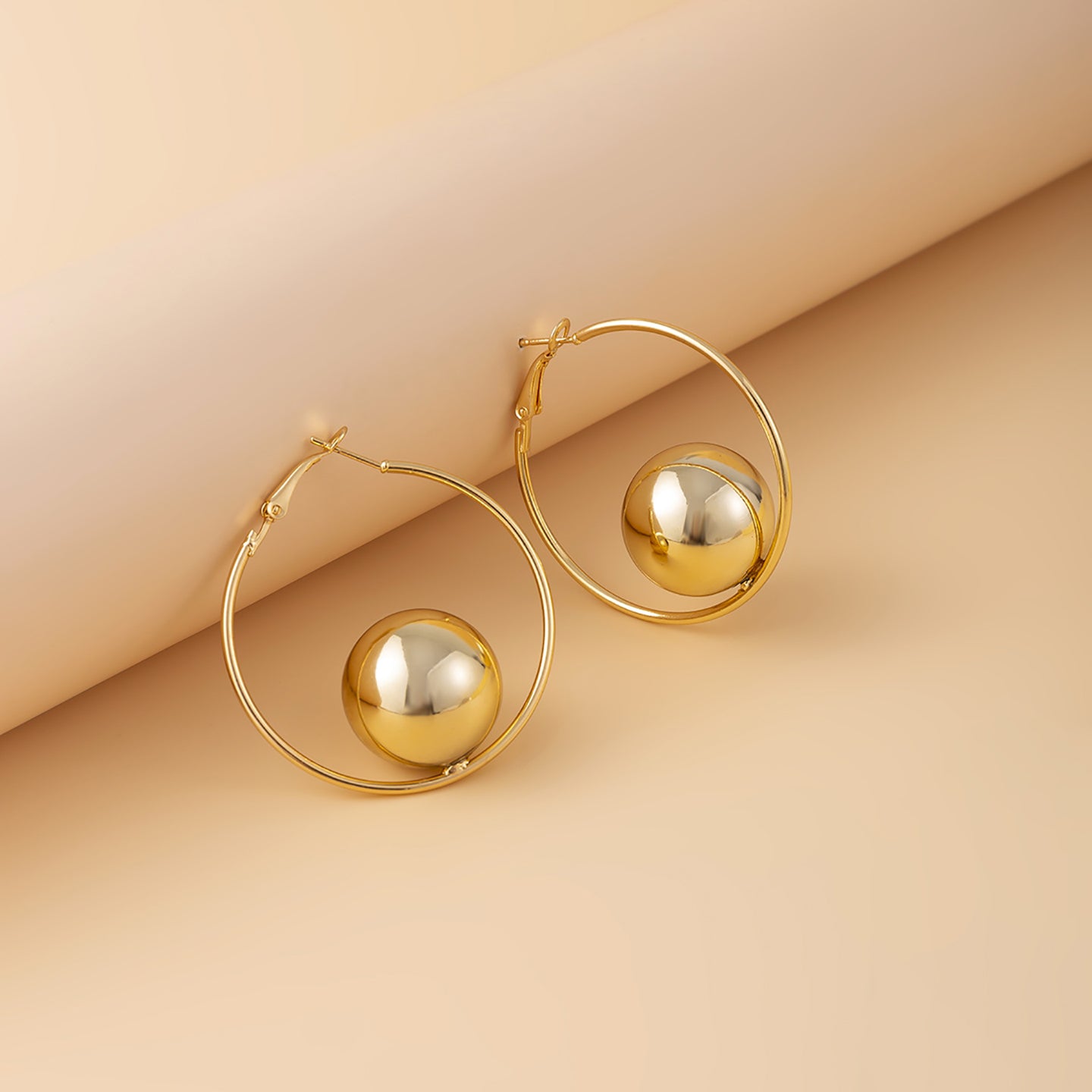 Gold-Plated Spherical Shaped Beaded Chunky Hoop Earrings