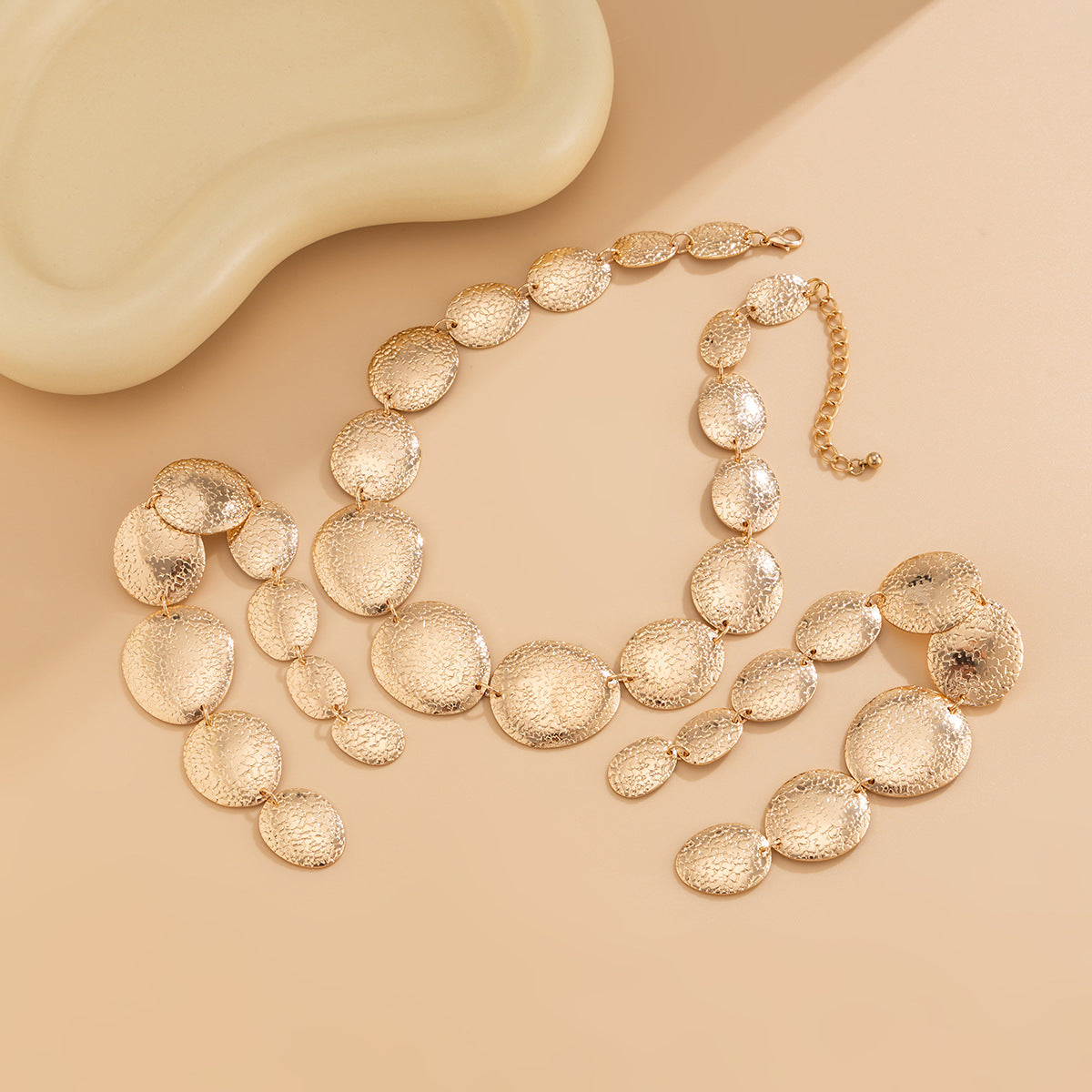 Gold Plated Oval Shaped Necklace and Earrings